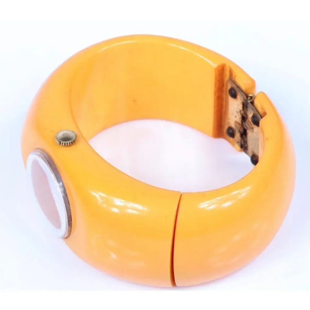 Vintage Butterscotch Royal Dynasty Bakelite Clamper Cuff Bracelet Watch